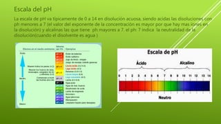 Escala del pH
La escala de pH va típicamente de 0 a 14 en disolución acuosa, siendo acidas las disoluciones con
ph menores a 7 (el valor del exponente de la concentración es mayor por que hay mas iones en
la disolución) y alcalinas las que tiene ph mayores a 7. el ph: 7 indica la neutralidad de la
disolución(cuando el disolvente es agua )
 