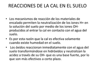 REACCIONES DE LA CAL EN EL SUELO
• Los mecanismos de reacción de los materiales de
encalado permiten la neutralización de los iones H+ en
la solución del suelo por medio de los iones OH-
producidos al entrar la cal en contacto con el agua del
suelo.
• Es por esta razón que la cal es efectiva solamente
cuando existe humedad en el suelo.
• Los óxidos reaccionan inmediatamente con el agua del
suelo transformándose en hidróxidos y neutralizan la
acidez a través de su OH- que es una base fuerte, por lo
que son más efectivos a corto plazo.
 