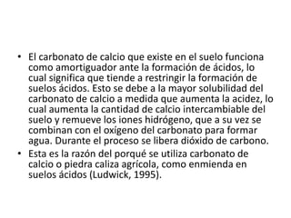 • El carbonato de calcio que existe en el suelo funciona
como amortiguador ante la formación de ácidos, lo
cual significa que tiende a restringir la formación de
suelos ácidos. Esto se debe a la mayor solubilidad del
carbonato de calcio a medida que aumenta la acidez, lo
cual aumenta la cantidad de calcio intercambiable del
suelo y remueve los iones hidrógeno, que a su vez se
combinan con el oxígeno del carbonato para formar
agua. Durante el proceso se libera dióxido de carbono.
• Esta es la razón del porqué se utiliza carbonato de
calcio o piedra caliza agrícola, como enmienda en
suelos ácidos (Ludwick, 1995).
 