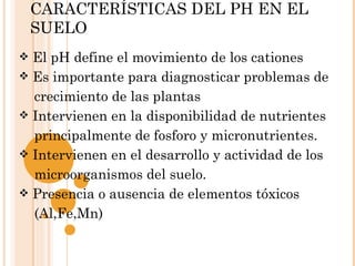 CARACTERÍSTICAS DEL PH EN EL
    SUELO
 El pH define el movimiento de los cationes
 Es importante para diagnosticar problemas de
  crecimiento de las plantas
 Intervienen en la disponibilidad de nutrientes
  principalmente de fosforo y micronutrientes.
 Intervienen en el desarrollo y actividad de los
  microorganismos del suelo.
 Presencia o ausencia de elementos tóxicos
  (Al,Fe,Mn)
 