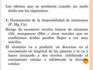 Los efectos que se producen cuando un suelo
 ácido son los siguientes:

1. Disminución de la disponibilidad de nutrientes
  (P, Mg, Ca).
Riesgo de encontrar niveles tóxicos de aluminio
  (Al), manganeso (Mn) y otros metales que en
  condiciones ácidas pueden llegar a ser muy
  móviles.
El aluminio va a producir un descenso en el
  crecimiento en longitud de las plantas y lo va a
  hacer actuando a dos niveles: inhibiendo el
  crecimiento celular e inhibiendo la división
  celular.
 