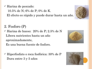    Harina de pescado:
    10.5% de N; 6% de P; 0% de K.
    El efecto es rápido y puede durar hasta un año.


2. Fosforo (P)
    Harina de hueso: 20% de P; 2.5% de N
    Libera nutrientes hasta un año
    aproximadamente,
    Es una buena fuente de fosforo.

   Hiperfosfato o roca fosfórica: 30% de P
    Dura entre 3 y 5 años
 