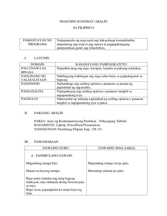 Detailed Lesson Plan In Filipino Grade 8