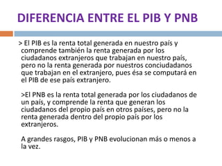 DIFERENCIA ENTRE EL PIB Y PNB
> El PIB es la renta total generada en nuestro país y
comprende también la renta generada por los
ciudadanos extranjeros que trabajan en nuestro país,
pero no la renta generada por nuestros conciudadanos
que trabajan en el extranjero, pues ésa se computará en
el PIB de ese país extranjero.

>El PNB es la renta total generada por los ciudadanos de
un país, y comprende la renta que generan los
ciudadanos del propio país en otros países, pero no la
renta generada dentro del propio país por los
extranjeros.
A grandes rasgos, PIB y PNB evolucionan más o menos a
la vez.

 
