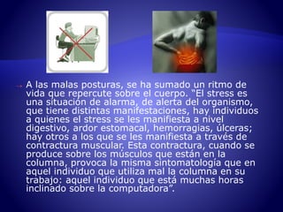  A las malas posturas, se ha sumado un ritmo de 
vida que repercute sobre el cuerpo. “El stress es 
una situación de alarma, de alerta del organismo, 
que tiene distintas manifestaciones, hay individuos 
a quienes el stress se les manifiesta a nivel 
digestivo, ardor estomacal, hemorragias, úlceras; 
hay otros a los que se les manifiesta a través de 
contractura muscular. Esta contractura, cuando se 
produce sobre los músculos que están en la 
columna, provoca la misma sintomatología que en 
aquel individuo que utiliza mal la columna en su 
trabajo: aquel individuo que está muchas horas 
inclinado sobre la computadora”. 
 