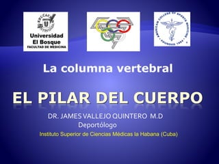 La columna vertebral 
DR. JAMES VALLEJO QUINTERO M.D 
Deportólogo 
Instituto Superior de Ciencias Médicas la Habana (Cuba) 
 