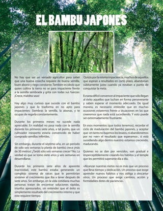 ELBAMBUJAPONES
No hay que ser un versado agricultor para saber
que una buena cosecha requiere de buena semilla,
buen abono y riego constante. También es obvio que
quien cultiva la tierra no se para impaciente frente
a la semilla sembrada y grita con todas sus fuerzas:
¡Crece, maldita seas!
Hay algo muy curioso que sucede con el bambú
japonés y que lo trasforma en no apto para
impacientes: Siembras la semilla, la abonas, y te
ocupas de regarla constantemente.
Durante los primeros meses no sucede nada
apreciable. En realidad no pasa nada con la semilla
durante los primeros siete años, a tal punto, que un
cultivador inexperto estaría convencido de haber
comprado semillas infértiles.
Sin embargo, durante el séptimo año, en un periodo
de solo seis semanas la planta de bambú crece ¡más
de 30 metros! ¿Tardó sólo seis semanas crecer? No. La
verdad es que se tomo siete años y seis semanas en
desarrollarse.
Durante los primeros siete años de aparente
inactividad, este bambú estaba generando un
complejo sistema de raíces que le permitirían
sostener el crecimiento que iba a tener después de
siete años. Sin embargo, en la vida cotidiana muchas
personas tratan de encontrar soluciones rápidas,
triunfos apresurados, sin entender que el éxito es
simplemente resultado del crecimiento interno y que
este requiere tiempo.
Quizásporlamismaimpaciencia,muchosdeaquellos
que aspiran a resultados en corto plazo, abandonan
súbitamente justo cuando ya estaban a punto de
conquistar la meta.
Estareadifícilconvenceralimpacientequesólollegan
al éxito aquellos que luchan en forma perseverante
y saben esperar el momento adecuado. De igual
manera, es necesario entender que en muchas
ocasiones estaremos frente a situaciones en las que
creeremos que nada está sucediendo. Y esto puede
ser extremadamente frustrante.
En esos momentos (que todos tenemos), recordar el
ciclo de maduración del bambú japonés, y aceptar
que-entantonobajemoslosbrazos,niabandonemos
por no «ver» el resultado que esperamos-, si está
sucediendo algo dentro nuestro: estamos creciendo,
madurando.
Quienes no se dan por vencidos, van gradual e
imperceptiblemente creando los hábitos y el temple
que les permitirá superarse día a día.
«Alcanzar nuestras metas no es más que un proceso
que lleva tiempo y dedicación. Un proceso que exige
aprender nuevos hábitos y nos obliga a descartar
otros. Un proceso que exige cambios, acción y
formidables dotes de paciencia».
 