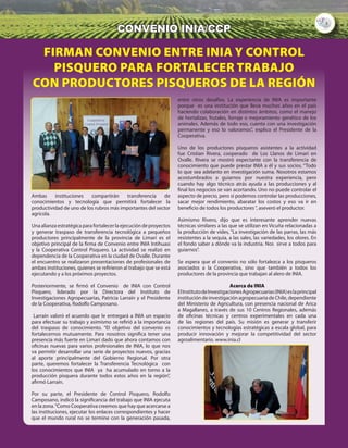 3
CONVENIO INIA/CCP
Firman convenio entre INIA y Control
Pisquero para fortalecer trabajo
con productores pisqueros de la región
Ambas instituciones compartirán transferencia de
conocimientos y tecnología que permitirá fortalecer la
productividad de uno de los rubros más importantes del sector
agrícola.
Una alianza estratégica para fortalecer la ejecución de proyectos
y generar traspaso de transferencia tecnológica a pequeños
productores principalmente de la provincia de Limarí es el
objetivo principal de la firma de Convenio entre INIA Intihuasi
y la Cooperativa Control Pisquero. La actividad se realizó en
dependencia de la Cooperativa en la ciudad de Ovalle. Durante
el encuentro se realizaron presentaciones de profesionales de
ambas instituciones, quienes se refirieron al trabajo que se está
ejecutando y a los próximos proyectos.
Posteriormente, se firmó el Convenio de INIA con Control
Pisquero, liderado por la Directora del Instituto de
Investigaciones Agropecuarias, Patricia Larraín y el Presidente
de la Cooperativa, Rodolfo Camposano.
Larraín valoró el acuerdo que le entregará a INIA un espacio
para efectuar su trabajo y asimismo se refirió a la importancia
del traspaso de conocimiento. “El objetivo del convenio es
fortalecernos mutuamente. Para nosotros significa tener una
presencia más fuerte en Limarí dado que ahora contamos con
oficinas nuevas para varios profesionales de INIA, lo que nos
va permitir desarrollar una serie de proyectos nuevos, gracias
al aporte principalmente del Gobierno Regional. Por otra
parte, queremos fortalecer la Transferencia Tecnológica con
los conocimientos que INIA ya ha acumulado en torno a la
producción pisquera durante todos estos años en la región”,
afirmó Larraín.
Por su parte, el Presidente de Control Pisquero, Rodolfo
Camposano, indicó la significancia del trabajo que INIA ejecuta
en la zona.“Como Cooperativa creemos que hay que acercarse a
las instituciones, ejecutar los enlaces correspondientes y hacer
que el mundo rural no se termine con la generación pasada,
entre otros desafíos. La experiencia de INIA es importante
porque es una institución que lleva muchos años en el país
haciendo colaboración en distintos ámbitos, como el manejo
de hortalizas, frutales, forraje o mejoramiento genético de los
animales. Además de todo eso, cuenta con una investigación
permanente y eso lo valoramos”, explico el Presidente de la
Cooperativa.
Uno de los productores pisqueros asistentes a la actividad
fue Cristian Rivera, cooperado de Los Llanos de Limarí en
Ovalle. Rivera se mostró expectante con la transferencia de
conocimiento que puede prestar INIA a él y sus socios. “Todo
lo que sea adelanto en investigación suma. Nosotros estamos
acostumbrados a guiarnos por nuestra experiencia, pero
cuando hay algo técnico atrás ayuda a las producciones y al
final los negocios se van acortando. Uno no puede controlar el
aspecto de precio, pero si podemos controlar las producciones,
sacar mejor rendimiento, abaratar los costos y eso va ir en
beneficio de todos los productores“, aseveró el productor.
Asimismo Rivero, dijo que es interesante aprender nuevas
técnicas similares a las que se utilizan en Vicuña relacionadas a
la producción de vides, “La investigación de las parras, las más
resistentes a la sequía, a las sales, las variedades, los olores. En
el fondo saber a dónde va la industria. Nos sirve a todos para
guiarnos”.
Se espera que el convenio no sólo fortalezca a los pisqueros
asociados a la Cooperativa, sino que también a todos los
productores de la provincia que trabajan al alero de INIA.
Acerca de INIA
ElInstitutodeInvestigacionesAgropecuarias(INIA)eslaprincipal
institución de investigación agropecuaria de Chile, dependiente
del Ministerio de Agricultura, con presencia nacional de Arica
a Magallanes, a través de sus 10 Centros Regionales, además
de oficinas técnicas y centros experimentales en cada una
de las regiones del país. Su misión es generar y transferir
conocimientos y tecnologías estratégicas a escala global, para
producir innovación y mejorar la competitividad del sector
agroalimentario. www.inia.cl
 