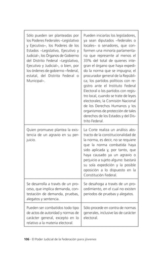 Sólo pueden ser planteadas por            Pueden iniciarlas los legisladores,
 los Poderes Federales –Legislativo        ya sean diputados –federales o
 y Ejecutivo–, los Poderes de los          locales– o senadores, que con-
 Estados –Legislativo, Ejecutivo y         formen una minoría parlamenta-
 Judicial–, los Órganos de Gobierno        ria que represente al menos el
 del Distrito Federal –Legislativo,        33% del total de quienes inte-
 Ejecutivo y Judicial–, o bien, por        gran el órgano que haya expedi-
 los órdenes de gobierno –federal,         do la norma que se impugna; el
 estatal, del Distrito Federal o           procurador general de la Repúbli-
 Municipal–.                               ca; los partidos políticos con re-
                                           gistro ante el Instituto Federal
                                           Electoral o los partidos con regis-
                                           tro local, cuando se trate de leyes
                                           electorales; la Comisión Nacional
                                           de los Derechos Humanos y los
                                           organismos de protección de tales
                                           derechos de los Estados y del Dis-
                                           trito Federal.

 Quien promueve plantea la exis-           La Corte realiza un análisis abs-
 tencia de un agravio en su per-           tracto de la constitucionalidad de
 juicio.                                   la norma, es decir, no se requiere
                                           que la norma combatida haya
                                           sido aplicada y, por tanto, que
                                           haya causado ya un agravio o
                                           perjuicio a sujeto alguno: bastará
                                           su sola expedición y la posible
                                           oposición a lo dispuesto en la
                                           Constitución Federal.

 Se desarrolla a través de un pro-         Se desahoga a través de un pro-
 ceso, que implica demanda, con-           cedimiento, en el cual no existen
 testación de demanda, pruebas,            periodos de pruebas y alegatos.
 alegatos y sentencia.

 Pueden ser combatidos todo tipo           Sólo procede en contra de normas
 de actos de autoridad y normas de         generales, inclusive las de carácter
 carácter general, excepto en lo           electoral.
 relativo a la materia electoral.



106 . El Poder Judicial de la Federación para jóvenes
 