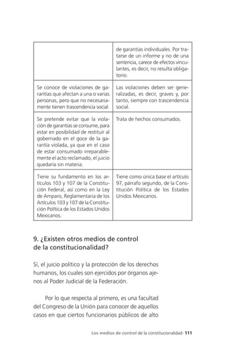 de garantías individuales. Por tra-
                                        tarse de un informe y no de una
                                        sentencia, carece de efectos vincu-
                                        lantes, es decir, no resulta obliga-
                                        torio.

 Se conoce de violaciones de ga-        Las violaciones deben ser gene-
 rantías que afectan a una o varias     ralizadas, es decir, graves y, por
 personas, pero que no necesaria-       tanto, siempre con trascendencia
 mente tienen trascendencia social.     social.

 Se pretende evitar que la viola-       Trata de hechos consumados.
 ción de garantías se consume, para
 estar en posibilidad de restituir al
 gobernado en el goce de la ga-
 rantía violada, ya que en el caso
 de estar consumado irreparable-
 mente el acto reclamado, el juicio
 quedaría sin materia.

 Tiene su fundamento en los ar-         Tiene como única base el artículo
 tículos 103 y 107 de la Constitu-      97, párrafo segundo, de la Cons-
 ción Federal, así como en la Ley       titución Política de los Estados
 de Amparo, Reglamentaria de los        Unidos Mexicanos.
 Artículos 103 y 107 de la Constitu-
 ción Política de los Estados Unidos
 Mexicanos.



9. ¿Existen otros medios de control
de la constitucionalidad?

Sí, el juicio político y la protección de los derechos
humanos, los cuales son ejercidos por órganos aje-
nos al Poder Judicial de la Federación.

     Por lo que respecta al primero, es una facultad
del Congreso de la Unión para conocer de aquellos
casos en que ciertos funcionarios públicos de alto

                            Los medios de control de la constitucionalidad. 111
 
