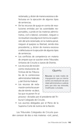 reclamado; y, dicten de manera excesiva o de-
       fectuosa en la ejecución de algunos tipos
       de sentencias.
      De los recursos de queja en contra de reso-
       luciones emitidas por las autoridades res-
       ponsables, cuando en las materias adminis-
       trativa, civil o laboral, concedan, nieguen o
       no resuelvan cosa alguna en torno a la suspen-
       sión del acto reclamado; en la materia penal,
       nieguen al quejoso su libertad, siendo ésta
       procedente; y, dicten de manera excesiva
       o defectuosa en la ejecución de algunos tipos
       de sentencias.
      Los conflictos de competencia en materia
       de amparo que se susciten entre Tribunales
       Unitarios de Circuito o Jueces de Distrito.
      Los recursos de revisión
       contra resoluciones de-
                                                Glosario
       finitivas de los Tribuna-
       les de lo contencioso           Recurso: es todo medio de
       administrativo federales        impugnación que se intenta
       y del Distrito Federal.         contra una resolución de auto-
                                       ridad administrativa o judicial,
      Los recursos de recla-          para que ésta sea revocada,
       mación contra los acuer-        modificada o anulada.
       dos de trámite –es decir,
       los que no ponen fin al
       proceso– dictados por el presidente del Tri-
       bunal Colegiado de Circuito.
      Los asuntos delegados por el Pleno de la
       Suprema Corte de Justicia de la Nación.

    Los Tribunales Colegiados de Circuito pue-
den conocer de dos o más materias –civil, penal,


                                            Los Tribunales de Circuito . 143
 