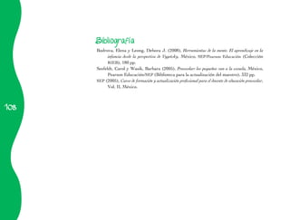 108
Bibliografía
Bodrova, Elena y Leong, Debora J. (2008), Herramientas de la mente. El aprendizaje en la
infancia desde la perspectiva de Vygotsky, México, SEP/Pearson Educación (Colección
RIEB), 180 pp.
Seefeldt, Carol y Wasik, Barbara (2005), Preescolar: los pequeños van a la escuela, México,
Pearson Educación/SEP (Biblioteca para la actualización del maestro), 332 pp.
SEP (2005), Curso de formación y actualización profesional para el docente de educación preescolar,
Vol. II, México.
 