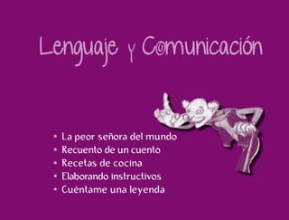 La peor señora del mundo
Recuento de un cuento
Recetas de cocina
Elaborando instructivos
Cuéntame una leyenda
 
