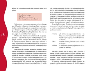 242
Abigail, de la misma manera en que anotamos reglas en el
grupo:
1era. Formar equipos
2da. Repartir los bloques
3ra. Unos primero y otros después
Se levantaron y comenzaron a agruparse con amigos,ya
que disfrutaban trabajar con ellos.Les pedí que esperaran y
les dije:en esta ocasión,quienes escogerán con quién traba­
jar y dirigirán el equipo son:Yazmín,Joed,Karen Anette,Ana
Paulette, Luis Ángel, Cristina, Ángel de Jesús. Ellos eran los
que,según yo,necesitaban mayor apoyo.
Mientras ellos elegían a sus compañeros de equipo pro­
porcioné a cada líder de equipo una hoja de papel, un lá­
piz y la siguiente consigna: observen los bloques, piensen
lo que desean realizar, platiquen sobre lo que pensaron y
luego represéntenlo en esta hoja de papel. El equipo que
termine primero comenzará a construir con los bloques lo
que diseñó.
En el equipo de Cristina se presentó un problema: ella te­
nía que haber dado la consigna al equipo, sin embargo,Víctor
tomó el papel y el lápiz sin escuchar a Cristina; no le dio opor­
tunidad de explicar ni comentar con el equipo lo que harían.
En ese momento consideré importante apoyar a Cristina y me
acerqué a platicar con ellos.Los niños me informaron que Víc­
tor quería escribir. Yo le pregunté: ¿qué vas a escribir?, Víctor
no respondió,le insistí.Entonces me dirijí a Cristina y le señalé:
¿ves cómo es importante escoger a los integrantes del equi­
po? ¿En otra ocasión vas a volver a elegir a Víctor? Creo que
Víctor comprendió la respuesta que dio Cristina, y entonces
se justificó —maestra, yo sólo quiero poner mi nombre—; le
comenté —si sólo quieres escribir tu nombre es mejor que pi­
das la hoja de papel,tienes que escuchar las instrucciones que
Cristina dará. Mira, todos los equipos están trabajando ya, y
ustedes discuten;piensa en lo que le haces a todo el equipo.
Le pedí a Cristina que diera las instrucciones para que
comenzaran la tarea. Cristina se tocó las trenzas, se notaba
un poco nerviosa.Le acerqué el lápiz y la hoja de papel para
ayudarla a recordar:
Cristina:	 ¡Ah sí, miren los juguetes (refiriéndose a los
bloques) y entonces pintamos aquí (señala la
hoja de papel) lo que queremos hacer! (respi­
ra aliviada).
Mtra.:	 Qué más Cristina,¿es todo lo que va a realizar
tu equipo?
Cristina:	 Si terminamos primero, jugamos con los ju­
guetes (los bloques).
Me dirijí al equipo: ¿qué les parece?, ¿van a contribuir a
realizar la tarea?, ¿quién empezará? Cecilia, que hasta aquí
permanecía callada, sugirió —que cada uno vaya diciendo
sus ideas y luego platicamos cuál hacer (construir con los
bloques)—.Volvió a callarse esperando una respuesta.
El resto del equipo permaneció callado. Entonces les
pregunté: ¿qué les parece la propuesta de Cecilia?, ¿alguien
 