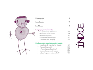 Presentación	 5
Introducción	 7
Semblanzas	 9
Lenguaje y comunicación
• La peor señora del mundo	 13
• Recuento de un cuento	 29
• Recetas de cocina	 47
• Elaborando instructivos	 57
• Cuéntame una leyenda	 71
Exploración y conocimiento del mundo
• Una fiesta de Navidad en el asilo	 87
• Formando arco iris	 109
• ¿Por qué pican las abejas?	 127
• La tecnología en mis manos	 139
• ¿A qué jugaban mis abuelos?	 151
 