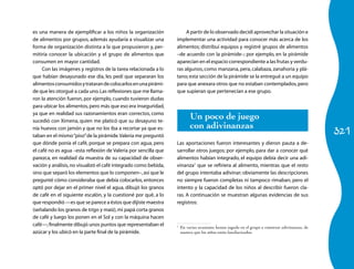 321
es una manera de ejemplificar a los niños la organización
de alimentos por grupos, además ayudaría a visualizar una
forma de organización distinta a la que propusieron y, per-
mitiría conocer la ubicación y el grupo de alimentos que
consumen en mayor cantidad.
Con las imágenes y registros de la tarea relacionada a lo
que habían desayunado ese día, les pedí que separaran los
alimentosconsumidosytratarandecolocarlosenunapirámi-
de que les otorgué a cada uno.Las reflexiones que me llama-
ron la atención fueron, por ejemplo, cuando tuvieron dudas
para ubicar los alimentos,pero más que eso era inseguridad,
ya que en realidad sus razonamientos eran correc­tos, como
sucedió con Ximena, quien me platicó que su desayuno te-
nía huevos con jamón y que no los iba a recortar ya que es-
taban en el mismo“piso”de la pirámide.Valeria me preguntó
que dónde ponía el café, porque se prepara con agua, pero
el café no es agua –esta reflexión de Valeria por sencilla que
parezca, en realidad da muestra de su capacidad de obser-
vación y análisis,no visualizó el café integrado como bebida,
sino que separó los elementos que lo componen–,así que le
pregunté cómo consideraba que debía colo­carlos, entonces
optó por dejar en el primer nivel el agua, dibujó los granos
de café en el siguiente escalón, y la cuestioné por qué, a lo
que respondió —es que se parece a éstos que dijiste maestra
(señalando los granos de trigo y maíz),mi papá corta granos
de café y luego los ponen en el Sol y con la máquina hacen
café—;finalmente dibujó unos puntos que representaban el
azúcar y los ubicó en la parte final de la pirámide.
A partir de lo observado decidí aprovechar la situación e
implementar una actividad para conocer más acerca de los
alimentos; distribuí equipos y registré grupos de alimentos
–de acuerdo con la pirámide–; por ejemplo, en la pirámide
aparecían en el espacio correspondiente a las frutas y verdu-
ras algunos,como manzana,pera,calabaza,zanahoria y plá-
tano;esta sección de la pirámide se la entregué a un equipo
para que anexara otros que no estaban contemplados,pero
que supieran que pertenecían a ese grupo.
Un poco de juego
con adivinanzas
Las aportaciones fueron interesantes y dieron pauta a de-
sarrollar otros juegos; por ejemplo, para dar a conocer qué
alimentos habían integrado, el equipo debía decir una adi-
vinanza1
que se refiriera al alimento, mientras que el resto
del grupo intentaba adivinar; obviamente las descripciones
no siempre fueron completas ni tampoco rimaban, pero el
intento y la capacidad de los niños al describir fueron cla-
ras. A continuación se muestran algunas evidencias de sus
registros:
1
	 En varias ocasiones hemos jugado en el grupo a construir adivinanzas, de
manera que los niños están familiarizados.
 