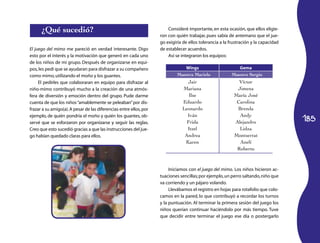 ¿Qué sucedió?                                                     Consideré importante, en esta ocasión, que ellos eligie­
                                                                    ron con quién trabajar, pues sabía de antemano que el jue­
                                                                    go exigiría de ellos tolerancia a la frustración y la capacidad
El juego del mimo me pareció en verdad interesante. Digo            de establecer acuerdos.
esto por el interés y la motivación que generó en cada uno              Así se integraron los equipos:
de los niños de mi grupo. Después de organizarse en equi­
pos, les pedí que se ayudaran para disfrazar a su compañero                     Wings                        Gema
como mimo, utilizando el moño y los guantes.                                 Maestra Mariela              Maestro Sergio
     El pedirles que colaboraran en equipo para disfrazar al                     Jair                        Víctor
niño­mimo contribuyó mucho a la creación de una atmós­                         Mariana                      Jimena
fera de diversión y emoción dentro del grupo. Pude darme                          Ilse                     María José
cuenta de que los niños “amablemente se peleaban” por dis­                     Eduardo                      Carolina
frazar a su amigo(a). A pesar de las diferencias entre ellos, por              Leonardo                     Brenda

                                                                                                                                      185
ejemplo, de quién pondría el moño y quién los guantes, ob­                       Iván                        Andy
servé que se esforzaron por organizarse y seguir las reglas.                     Frida                     Alejandro
Creo que esto sucedió gracias a que las instrucciones del jue­                   Itzel                       Lidza
go habían quedado claras para ellos.                                            Andrea                     Montserrat
                                                                                Karen                        Anelí
                                                                                                            Roberto



                                                                         Iniciamos con el juego del mimo. Los niños hicieron ac­
                                                                    tuaciones sencillas; por ejemplo, un perro saltando, niño que
                                                                    va corriendo y un pájaro volando.
                                                                         Llevábamos el registro en hojas para rotafolio que colo­
                                                                    camos en la pared, lo que contribuyó a recordar los turnos
                                                                    y la puntuación. Al terminar la primera sesión del juego los
                                                                    niños querían continuar haciéndolo por más tiempo. Tuve
                                                                    que decidir entre terminar el juego ese día o postergarlo
 