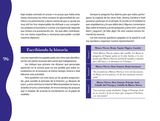 bajo estaba centrado en actuar o no actuar, que había otras           Aunque la pregunta fue abierta para que todos partici-
      tareas necesarias; los niños tuvieron la oportunidad de con-      paran, la mayoría de las veces Iván, Jimena, Carolina e Itzel
      tribuir a la presentación y darse cuenta de que su ayuda era      quisieron participar en el dictado. Yo escribí en el rotafolio lo
      muy útil: los hice responsables de disfrazar a sus compañe-       que aceptábamos y lo que debía decir. Algunos comentaron
      ros, preparar el escenario, ir a avisar a la maestra de segundo   algo sobre la historia, y yo les pregunté: ¿cómo ven?, ¿así está
      que viniera a la presentación, etc. Así que ellos contribuye-     bien?, ¿seguros? ¿le falta algo? De esta manera fuimos for-
      ron con tareas específicas y necesarias para poder cumplir        mando las escenas.
      nuestros objetivos.                                                   Las tres escenas quedaron pegadas en la pared, lo cual
                                                                        nos ayudaría a organizar nuestra representación:

                                                                                      Blanca Nieves, Bruja, Espejo Mágico, Cazador
            Escribiendo la historia




                                                                         Escena 1
                                                                                    “Está Blanca Nieves afuera del castillo. La Bruja le
                                                                                    pregunta al Espejo quién es la más bonita; y le res­
196
      Una vez repartidos los papeles pedí a los niños que identifica-               ponde que Blanca Nieves; manda al cazador a matarla
      ran las tres partes (escenas) del cuento que trabajaríamos.                   pero ella huye y se desmaya en el bosque…”
           Les indiqué que primero me dictaran qué personajes
                                                                                      Blanca Nieves, Siete Enanos, Bruja (anciana)
      aparecían en la escena, pues no era posible que todos es-




                                                                         Escena 2
      tuviéramos en el escenario al mismo tiempo. Jimena e Itzel                    “Se encuentran a Blanca Nieves y vive con los enanos.
      lideraron esta actividad.                                                     La Bruja toca la puerta y le da una manzana envene­
           Para ayudarles con esta tarea, yo les guiaba preguntan-                  nada”
      do: ¿qué sucedió al principio de la historia?, ¿y después de
                                                                                       Blanca Nieves, Siete Enanos, Príncipe Azul,
      esto?, ¿cómo termina la historia? Ellos levantaban la mano y                    Caballo del Príncipe y Caballo de Blanca Nieves
      al darles el turno comentaban. Al mismo tiempo, les propuse        Escena 3
      que si estaban de acuerdo lo escribiríamos en el papel de                     “Los enanitos están alrededor. Llega el Príncipe Azul
                                                                                    en su corcel y le da un beso que romperá el hechizo,
      rotafolio.
                                                                                    y se van juntos”
 