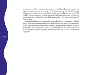 se entiende e incluye todos los datos; esto contribuye claramente a que los
      niños comprueben que la lectura y la escritura tienen una función social.
      Obviamente, no sólo con esta acción se ve favorecido el proceso a través del
      cual los niños avanzan y amplían su capacidad para interpretar o producir
      textos, sino que requiere de un trabajo sistemático y permanente durante el
      ciclo escolar.
          Las posibilidades que tuvieron los niños al conocer, contemplar y hablar
      acerca de lo que producía en ellos las obras de arte, los acercó al goce estéti-
      co, los hizo disfrutar y mirar de otra manera sus propias creaciones; es decir,
      les permitió vivir el placer de crear. Es necesario hacer del salón de clases y
      de la escuela un espacio donde los niños interactúen con el arte en su más alta
      expresión.

216
 