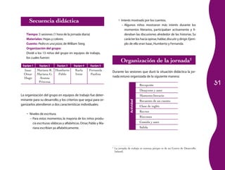 Secuencia didáctica                                                   •	 Interés mostrado por los cuentos.
                                                                               – Algunos niños mostraron más interés durante los
                                                                                 momentos literarios, participaban activamente y li­
    Tiempo: 5 sesiones (1 hora de la jornada diaria)                             deraban las discusiones alrededor de las historias. Su
    Materiales: Hojas y colores                                                  carácter los hacía opinar, hablar, discutir y dirigir. Ejem­
    Cuento: Pedro es una pizza, de William Steig                                 plo de ello eran Isaac, Humberto y Fernanda.
    Organización del grupo:
    Dividí a los 13 niños del grupo en equipos de trabajo,
    los cuales fueron:
                                                                              Organización de la jornada2
 Equipo 1     Equipo 2      Equipo 3     Equipo 4     Equipo 5
  Isaac     Mariana R. Humberto           Karla      Fernanda        Durante las sesiones que duró la situación didáctica la jor­
  Omar      Mariana G.  Pablo             Irene       Paulina
  Hugo       Aranza                                                  nada estuvo organizada de la siguiente manera:
             Princesa
                                                                                                  Recepción                                      31
                                                                                                  Desayuno y aseo
La organización del grupo en equipos de trabajo fue deter­                                        Momento literario
minante para su desarrollo, y los criterios que seguí para or­                                    Recuento de un cuento




                                                                                      Actividad
ganizarlos atendieron a dos características individuales:                                         Clase de inglés
                                                                                                  Recreo
    •	 Niveles de escritura.
                                                                                                  Rincones
       – Para estos momentos, la mayoría de los niños produ­
         cía escrituras silábicas y alfabéticas. Omar, Pablo y Ma­                                Comida y aseo
         riana escribían ya alfabéticamente.                                                      Salida




                                                                     2
                                                                         La jornada de trabajo es extensa porque es de un Centro de Desarrollo
                                                                         Infantil.
 