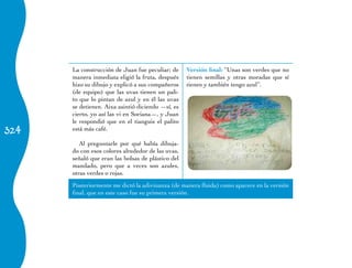 La construcción de Juan fue peculiar; de     Versión final: “Unas son verdes que no
      manera inmediata eligió la fruta, después    tienen semillas y otras moradas que sí
      hizo su dibujo y explicó a sus compañeros    tienen y también tengo azul”.
      (de equipo) que las uvas tienen un pali-
      to que lo pintan de azul y en él las uvas
      se detienen. Aixa asintió diciendo —sí, es
      cierto, yo así las vi en Soriana—, y Juan
      le respondió que en el tianguis el palito
324   está más café.

         Al preguntarle por qué había dibuja-
      do con esos colores alrededor de las uvas,
      señaló que eran las bolsas de plástico del
      mandado, pero que a veces son azules,
      otras verdes o rojas.
      Posteriormente me dictó la adivinanza (de manera fluida) como aparece en la versión
      final, que en este caso fue su primera versión.
 