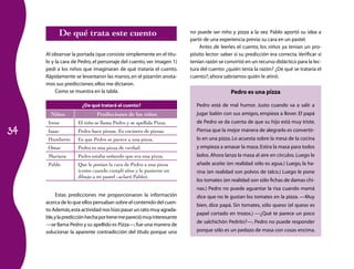 De qué trata este cuento                                    no puede ser niño y pizza a la vez. Pablo aportó su idea a
                                                                       partir de una experiencia previa: su cara en un pastel.
                                                                           Antes de leerles el cuento, los niños ya tenían un pro­
     Al observar la portada (que consiste simplemente en el títu­      pósito lector: saber si su predicción era correcta. Verificar sí
     lo y la cara de Pedro, el personaje del cuento, ver imagen 1)     tenían razón se convirtió en un recurso didáctico para la lec­
     pedí a los niños que imaginaran de qué trataría el cuento.        tura del cuento: ¿quién tenía la razón? ¿De qué se trataría el
     Rápidamente se levantaron las manos, en el pizarrón anota­        cuento?; ahora sabríamos quién le atinó.
     mos sus predicciones; ellos me dictaron.
          Como se muestra en la tabla.                                                    Pedro es una pizza

                      ¿De qué tratará el cuento?                          Pedro está de mal humor. Justo cuando va a salir a
       Niños                 Predicciones de los niños                    jugar balón con sus amigos, empieza a llover. El papá
      Irene         El niño se llama Pedro y se apellida Pizza.           de Pedro se da cuenta de que su hijo está muy triste.

34    Isaac         Pedro hace pizzas. Es cocinero de pizzas.             Piensa que la mejor manera de alegrarlo es convertir­
      Humberto      Es que Pedro se parece a una pizza.                   lo en una pizza. Lo acuesta sobre la mesa de la cocina
      Omar          Pedro es una pizza de verdad.                         y empieza a amasar la masa. Estira la masa para todos
      Mariana       Pedro estaba soñando que era una pizza.               lados. Ahora lanza la masa al aire en círculos. Luego le
      Pablo         Que le ponían la cara de Pedro a una pizza            añade aceite (en realidad sólo es agua.) Luego, la ha­
                    (como cuando cumplí años y le pusieron un             rina (en realidad son polvos de talco.) Luego le pone
                    dibujo a mi pastel –aclaró Pablo).
                                                                          los tomates (en realidad son sólo fichas de damas chi­
                                                                          nas.) Pedro no puede aguantar la risa cuando mamá
           Estas predicciones me proporcionaron la información            dice que no le gustan los tomates en la pizza. —Muy
     acerca de lo que ellos pensaban sobre el contenido del cuen­
                                                                          bien, dice papá. Sin tomates, sólo queso (el queso es
     to. Además, esta actividad nos hizo pasar un rato muy agrada­
                                                                          papel cortado en trozos.) —¿Qué te parece un poco
     ble, y la predicción hecha por Irene me pareció muy interesante
                                                                          de salchichón Pedrito?—, Pedro no puede responder
     —se llama Pedro y su apellido es Pizza—; fue una manera de
     solucionar la aparente contradicción del título porque uno           porque sólo es un pedazo de masa con cosas encima.
 