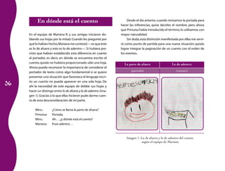 En dónde está el cuento                                     Desde el día anterior, cuando revisamos la portada para
                                                                  hacer las inferencias, quise decirles el nombre, pero ahora
                                                                  que Princesa había introducido el término, lo utilizamos con
     En el equipo de Mariana R. y sus amigas iniciaron do­        mayor naturalidad.
     blando sus hojas por la mitad. Cuando les pregunté por            Sin duda, está distinción manifestada por ellas me servi­
     qué lo habían hecho, Mariana me contestó —es que éste        rá como punto de partida para una nueva situación; quizás
     es lo de afuera y esto es lo de adentro—. Si hubiera pre­    lograr integrar la paginación de un cuento con el orden de
     visto que habían establecido esta diferencia en cuanto       los eventos.
     al portador, es decir, en dónde se encuentra escrito el
     cuento, quizás no hubiera proporcionado sólo una hoja.         La parte de afuera                  Lo de adentro
     Ahora puedo reconocer la importancia de considerar el
     portador de texto como algo fundamental si se quiere                (portada)                         (cuento)
     presentar una situación que favorezca el lenguaje escri­

36
     to: un cuento no puede aparecer en una sola hoja. De
     ahí la necesidad de este equipo de doblar sus hojas y
     hacer un distingo entre lo de afuera y lo de adentro (ima­
     gen 1). Gracias a lo que ellas hicieron pude darme cuen­
     ta de esta desconsideración de mi parte.

         Mtro.:       ¿Cómo se llama la parte de afuera?
         Princesa:    Portada.
         Mtro.:       Ah… ¿y dónde está el cuento?
         Mariana:     Pues adentro…



                                                                      Imagen 1. Lo de afuera y lo de adentro del cuento,
                                                                                según el equipo de Mariana
 