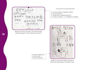 Lo que dice el texto de Fernanda:

                                                            •   cosciñas a Pebro (cosquillas a Pedro)
                                                            •   esora (¡Es hora!)
                                                            •   metelo al ono (¡Mételo al horno!)
                                                            •   nereali era lesiñon (…en realidad era el sillón)




     Imagen 3. Escritura de puño y letra de Fernanda,

38
      parte del pasaje de “meter la pizza en el horno”




                                   • peperoin (peperoni)
                                   • se sal (es sal)
                                   • keso-kesp (queso)
                                                            Imagen 4. Escritura de Omar, el evento se
                                                           refiere a que el personaje es convertido en pizza
 