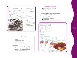 Empanadas de manzana

                                                      •	 Una cuchara de mantequilla
                                                      •	 Una pizca de sal
                                                      •	 6 manzanas

                                                   Para hacer la masa, se hacen como tortillas
                                                         y se rellenan con las manzanas.
                                                   Para la masa:
                                                      •	 Un medio de harina
                                                      •	 Una pizca de sal, azúcar
                                                      •	 Mantequilla




                                                                                                 51



                 Sorbete de fresa

   •	 Fresas
   •	 Mermelada de fresa
   •	 Azúcar
   •	 Conos para la nieve

Preparación:
   •	 Se pone el azúcar y el agua a fuego lento,
   •	 Después se pone en el refrigerador,
   •	 Se pone la mermelada y las fresas,
   •	 Congelar y servir en conos.
 