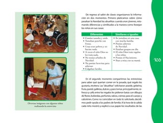 103 
Diversas imágenes con algunos niños 
realizando la entrevista 
De regreso al salón de clases organizamos la informa-ción 
en dos momentos. Primero platicamos sobre cómo 
pasaban la Navidad las abuelitas cuando eran jóvenes, reto-mando 
diferencias y similitudes a la manera como festejan 
los niños en sus casas: 
Diferentes Similares o iguales 
• Comían tamales y atole. 
• Tomaban ponche con 
frutas. 
• Unas eran pobres y no 
hacían nada. 
• A veces el niño Dios no 
les traía nada. 
• No tenían arbolito de 
Navidad. 
• No ponían lucecitas para 
adornar. 
• Colgaban faroles. 
• Se juntaban en una casa 
con mucha familia. 
• Ponían adornos 
de Navidad. 
• Estaban guapas ese día. 
• El niño Dios traía regalos 
a los niños. 
• Ponían el Nacimiento. 
• Iban a misa con su mamá. 
En el segundo momento compartimos las entrevistas 
para saber qué querían comer en la posada, qué regalo les 
gustaría, etcétera. Las “abuelitas” solicitaron pozole, gelatina, 
fruta, pastel, galletas, dulces y para tomar, principalmente, re-fresco 
y café; entre los regalos les pidieron batas con dibu­jos 
de flores, bufandas, perfumes, talcos, cremas para el cuerpo y 
calcetines. Como no coincidían en todo lo solicitado, decidi-mos 
pedir ayuda a los padres de familia. A la hora de la salida 
cada niño mostró y explicó a sus papás los resultados de las 
 