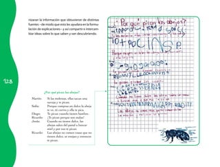128 
nizaran la información que obtuvieron de distintas 
fuentes −de modo que esto les ayudara en la formu­lación 
de explicaciones− y así compartir e intercam­biar 
ideas sobre lo que saben y van descubriendo. 
¿Por qué pican las abejas? 
Martín: Si las molestas, ellas sacan una 
navaja y te pican. 
Sofía: Porque compras un dulce la abeja 
te ve, tú corres y ella te pica. 
Diego: Te pican cuando tienen hambre. 
Ricardo: ¡Te pican porque son malas! 
Jesús: Cuando no tienen dulce, las 
abejas salen del panal a buscar 
miel y por eso te pican. 
Ricardo: Las abejas no comen cosas que no 
tienen dulce, se enojan y entonces 
te pican. 
 
