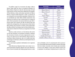 195 
El conflicto surgió en el momento de elegir a Blanca 
Nieves. Todas, todas las niñas sin excepción deseaban ser 
Blanca Nieves. Dejamos la elección del personaje principal 
hasta el final, y muchas niñas fueron eligiendo otros papeles. 
Al final, Mariana y Lidza continuaban queriendo ser Blanca 
Nieves y ninguna estaba dispuesta a ceder. La votación de 
sus compañeros era contundente, apoyaban a Mariana. Pero 
yo consideraba que Lidza debía también representar este 
papel, por la manera en que se desenvolvió en el juego del 
mimo. Quise aprovechar esta oportunidad para que identi-ficaran 
partes de la historia, por ello me pareció bien que 
hubiera dos protagonistas y les propuse que ambas fueran 
Blanca Nieves, pero el grupo no aceptó. ¿Cómo podía haber 
dos Blanca Nieves? Les propuse que una fuera desde el prin-cipio 
hasta la mitad de la historia y, la segunda, de la mitad 
al final. 
Mariana y Lidza corrieron a ver las láminas del cuento 
con las que iniciamos, se recontaron la historia, y después 
de unos pocos minutos y de serias negociaciones se acer-caron 
a mí, cada una con cuatro láminas. Lidza me dijo: ¡yo 
seré Blanca Nieves desde que sale en el castillo hasta que 
se desmaya en el bosque, y Mariana ya desmayada hasta el 
beso del Príncipe! 
Los personajes quedaron distribuidos de la siguiente 
manera. 
Anelí, Montserrat, Alejandro, María José y Karen no tu-vieron 
personaje; rechazaron algunos que se les ofrecieron. 
Pero no fueron excluidos del trabajo grupal, llevaron a cabo 
Personajes Actores 
Narrador Mtro. Sergio 
Blanca Nieves 1 Lidza 
Blanca Nieves 2 Mariana 
Bruja Andrea 
Espejo Mágico Jimena 
Cazador Jair 
Tontín Víctor 
Estornudo Ilse 
Sabio Itzel 
Dormilón Frida 
Feliz Andy 
Gruñón Iván 
Peluchito Pelea Eduardo 
Bruja (anciana) Brenda 
Príncipe Azul Leonardo 
Caballo del Príncipe Roberto 
Caballo de Blanca Nieves Carolina 
otras actividades, como la caracterización de los persona-jes 
y el acomodo del escenario. Desde la situación del juego 
del mimo habían mostrado cierta timidez para dramatizar, 
así que no los obligué a actuar, pero tampoco quería que 
se quedaran sin participar. Comprendí que no todo el tra- 
 