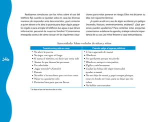 346 
Realizamos simulacros con los niños sobre el uso del 
teléfono fijo cuando se quedan solos en casa; las diversas 
maneras de responder ante desconocidos: ¿qué contestar 
a quien desee se le abra la puerta para dejar algún paque-te, 
regalo o para arreglar el teléfono, luz, agua, o que desee 
información personal de nuestras familias? Comentamos 
enseguida acerca de cómo actuar en las siguientes situa- 
ciones para evitar ponerse en riesgo. Ellos me dictaron su 
idea (ver siguiente lámina). 
¿A quién acudir en caso de algún accidente y/o peligro 
(incendio, fractura, envenenamiento, etcétera)? ¿Qué per-sonas 
pueden ayudarnos? Para contestar estas preguntas 
comenzamos a elaborar la agenda y trabajar sobre la impor-tancia 
de su uso. Los niños llevaron a casa este producto. 
Autocuidado. Ideas verbales de niñas y niños 
Cuando estoy solo en casa Cuando salgo a lugares públicos 
• No abrir la puerta 
• No jugar con agua ni fuego 
• Si suena el teléfono, no decir que estoy solo 
• Anotar lo que desean las personas 
• Ver televisión 
• Jugar nitendo* (Nintendo) 
• Dormir 
• No subir a las escaleras para no tirar cosas 
• Mejor no quedarme solo 
• Portarme bien para que me lleven 
• Ir bien agarrado de mamá 
• Obedecer 
• No quedarme porque me pierdo 
• Obedecer siempre a mis padres 
• Vigilar a mis hermanos 
• Cuidar las bolsas del súper (mercado) 
ayudar a mamá 
• No me alejo de mamá y papá aunque platique, 
estar en donde me vean, para no dejar que me 
roben 
• No hablar con extraños 
* Se deja así por ser escritura de un niño. 
 