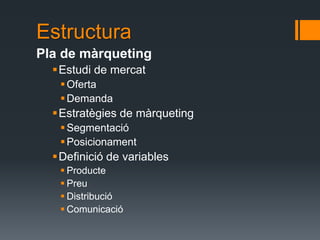 Estructura
Pla de màrqueting
  Estudi de mercat
    Oferta
    Demanda
  Estratègies de màrqueting
    Segmentació
    Posicionament
  Definició de variables
    Producte
    Preu
    Distribució
    Comunicació
 