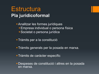 Estructura
Pla juridicoformal
   Analitzar les formes jurídiques
     Empresa individual o persona física
     Societat o persona jurídica

   Tràmits per a la constitució

   Tràmits generals per la posada en marxa.

   Tràmits de caràcter específic

   Despeses de constitució i altres en la posada
    en marxa.
 
