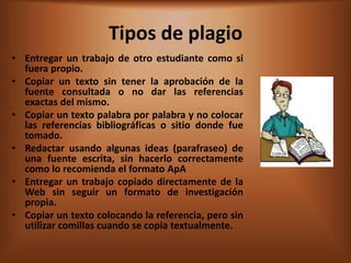 Tipos de plagio
• Entregar un trabajo de otro estudiante como si
  fuera propio.
• Copiar un texto sin tener la aprobación de la
  fuente consultada o no dar las referencias
  exactas del mismo.
• Copiar un texto palabra por palabra y no colocar
  las referencias bibliográficas o sitio donde fue
  tomado.
• Redactar usando algunas ideas (parafraseo) de
  una fuente escrita, sin hacerlo correctamente
  como lo recomienda el formato ApA
• Entregar un trabajo copiado directamente de la
  Web sin seguir un formato de investigación
  propia.
• Copiar un texto colocando la referencia, pero sin
  utilizar comillas cuando se copia textualmente.
 