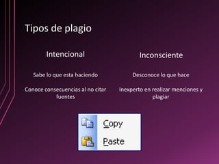 Tipos de plagio

        Intencional                        Inconsciente

   Sabe lo que esta haciendo            Desconoce lo que hace

Conoce consecuencias al no citar   Inexperto en realizar menciones y
           fuentes                              plagiar
 