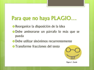 Para que no haya PLAGIO…
Reorganice la disposición de la idea
Debe aminorarse un párrafo lo más que se
pueda
Debe utilizar sinónimos recurrentemente
Transforme fracciones del texto
Figura 7. Zazzle
 