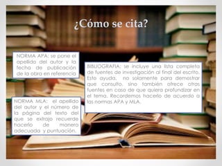 ¿Cómo se cita?
NORMA APA: se pone el
apellido del autor y la
fecha de publicación
de la obra en referencia
.
NORMA MLA: el apellido
del autor y el número de
la página del texto del
que se extrajo recuerde
hacerlo de manera
adecuada y puntuación.
BIBLIOGRAFIA: se incluye una lista completa
de fuentes de investigación al final del escrito.
Esto ayuda, no solamente para demostrar
que consulto, sino también ofrece otras
fuentes en caso de que quiera profundizar en
el tema. Recordemos hacerlo de acuerdo a
las normas APA y MLA.
 
