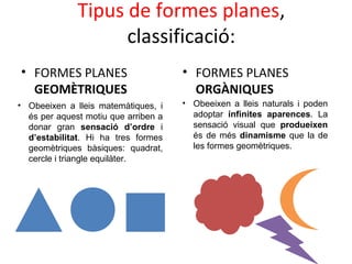 Tipus de formes planes,
classificació:
• FORMES PLANES
GEOMÈTRIQUES
• FORMES PLANES
ORGÀNIQUES
• Obeeixen a lleis matemàtiques, i
és per aquest motiu que arriben a
donar gran sensació d’ordre i
d’estabilitat. Hi ha tres formes
geomètriques bàsiques: quadrat,
cercle i triangle equilàter.
• Obeeixen a lleis naturals i poden
adoptar infinites aparences. La
sensació visual que produeixen
és de més dinamisme que la de
les formes geomètriques.
 