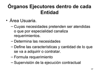 Órganos Ejecutores dentro de cada
            Entidad
• Área Usuaria.
  – Cuyas necesidades pretenden ser atendidas
    o que por especialidad canaliza
    requerimientos.
  – Determina las necesidades
  – Define las características y cantidad de lo que
    se va a adquirir o contratar.
  – Formula requerimiento
  – Supervisión de la ejecución contractual
                                                  17
 