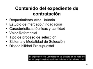 Contenido del expediente de
              contratación
•   Requerimiento Área Usuaria
•   Estudio de mercado / indagación
•   Características técnicas y cantidad
•   Valor Referencial
•   Tipo de proceso de selección
•   Sistema y Modalidad de Selección
•   Disponibilidad Presupuestal

                El Expediente de Contratación se elabora en la Fase de
                 El Expediente de Contratación se elabora en la Fase de
                Actos preparatorios yyacaba en la liquidación del contrato.
                 Actos preparatorios acaba en la liquidación del contrato.

                                                                              26
 
