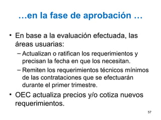 …en la fase de aprobación …

• En base a la evaluación efectuada, las
  áreas usuarias:
  – Actualizan o ratifican los requerimientos y
    precisan la fecha en que los necesitan.
  – Remiten los requerimientos técnicos mínimos
    de las contrataciones que se efectuarán
    durante el primer trimestre.
• OEC actualiza precios y/o cotiza nuevos
  requerimientos.
                                              57
 