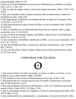responsabilidad. (Neh. 6:1-14)
6. Que sea un buen trabajador que provea con fidelidad para su familia y sus hijos.
(Prov. 6:6-11; 1 Tim. 5:8)
7. Que se rodee de amigos sabios y evite a los amigos insensatos. (Prov. 13:20; 1 Cor.
15:33)
8. Que use el sentido común, busque la justicia, ame la misericordia y camine en
humildad con Dios. (Miq. 6:8)
9. Que dependa de la sabiduría y la fortaleza de Dios en lugar de las propias. (Prov.
3:5-6; Sant. 1:5; Fil. 2:13)
10. Que tome decisiones según el temor de Dios, no de los hombres. (Sal. 34; Prov.
9:10; 29:25)
11. Que se transforme en un líder espiritual fuerte que sea valiente, sabio y tenga
convicción. (Jos. 1:1-10; 24:15)
12. Que se libere de cualquier atadura, mal hábito o adicción que lo esté limitando.
(Juan 8:31, 36; Rom. 6:1-19)
13. Que encuentre su identidad y satisfacción en Dios, y no en cosas temporales. (Sal.
37:4; 1 Jn. 2:15-17)
14. Que lea la Palabra de Dios y permita que ella guíe sus decisiones. (Sal. 119:105;
Mat. 7:24-27)
15. Que sea fiel a Dios y deje un legado sólido para las futuras generaciones. (Juan
17:4; 2 Tim. 4:6-8)
CÓMO ORAR POR TUS HIJOS
1. Que amen al Señor con todo su corazón, su mente, su alma y su fuerza, y a sus
prójimos como a ellos mismos. (Mat. 22:36-40)
2. Que acepten a Cristo como su Señor temprano en la vida. (2 Tim. 3:15)
3. Que desarrollen una aversión hacia el mal, el orgullo, la hipocresía y el pecado.
(Sal. 97:10; 38:18; Prov. 8:13)
4. Que sean protegidos del mal en cada área de su vida: en lo espiritual, emocional,
mental y físico. (Juan 10:10; 17:15; Rom. 12:9)
5. Que los descubran cuando son culpables y reciban la amonestación del Señor. (Sal.
119:71; Heb. 12:5-6)
6. Que reciban sabiduría, entendimiento, conocimiento y discreción del Señor. (Dan.
 