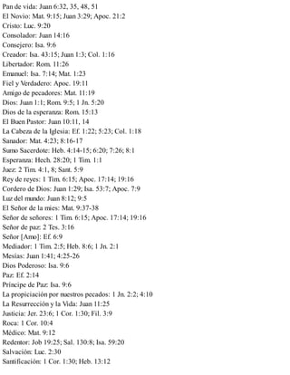 Pan de vida: Juan 6:32, 35, 48, 51
El Novio: Mat. 9:15; Juan 3:29; Apoc. 21:2
Cristo: Luc. 9:20
Consolador: Juan 14:16
Consejero: Isa. 9:6
Creador: Isa. 43:15; Juan 1:3; Col. 1:16
Libertador: Rom. 11:26
Emanuel: Isa. 7:14; Mat. 1:23
Fiel y Verdadero: Apoc. 19:11
Amigo de pecadores: Mat. 11:19
Dios: Juan 1:1; Rom. 9:5; 1 Jn. 5:20
Dios de la esperanza: Rom. 15:13
El Buen Pastor: Juan 10:11, 14
La Cabeza de la Iglesia: Ef. 1:22; 5:23; Col. 1:18
Sanador: Mat. 4:23; 8:16-17
Sumo Sacerdote: Heb. 4:14-15; 6:20; 7:26; 8:1
Esperanza: Hech. 28:20; 1 Tim. 1:1
Juez: 2 Tim. 4:1, 8; Sant. 5:9
Rey de reyes: 1 Tim. 6:15; Apoc. 17:14; 19:16
Cordero de Dios: Juan 1:29; Isa. 53:7; Apoc. 7:9
Luz del mundo: Juan 8:12; 9:5
El Señor de la mies: Mat. 9:37-38
Señor de señores: 1 Tim. 6:15; Apoc. 17:14; 19:16
Señor de paz: 2 Tes. 3:16
Señor [Amo]: Ef. 6:9
Mediador: 1 Tim. 2:5; Heb. 8:6; 1 Jn. 2:1
Mesías: Juan 1:41; 4:25-26
Dios Poderoso: Isa. 9:6
Paz: Ef. 2:14
Príncipe de Paz: Isa. 9:6
La propiciación por nuestros pecados: 1 Jn. 2:2; 4:10
La Resurrección y la Vida: Juan 11:25
Justicia: Jer. 23:6; 1 Cor. 1:30; Fil. 3:9
Roca: 1 Cor. 10:4
Médico: Mat. 9:12
Redentor: Job 19:25; Sal. 130:8; Isa. 59:20
Salvación: Luc. 2:30
Santificación: 1 Cor. 1:30; Heb. 13:12
 