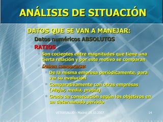 ANÁLISIS DE SITUACIÓN
   DATOS QUE SE VAN A MANEJAR:
     Datosnuméricos ABSOLUTOS
     RATIOS
         Son cocientes entre magnitudes que tiene una
          cierta relación y por este motivo se comparan
         Deben compararse:
             De la misma empresa periódicamente, para
              ver su evolución
             Comparativamente con otras empresas
              (Mejor, media, propia)
             Grado de consecución según los objetivos en
              un determinado período

                VETERSALUD - Madrid 25.10.2007         14
 