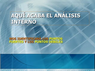 AQUÍ ACABA EL ANÁLISIS
 INTERNO


NOS IDENTIFICARÁ LOS PUNTOS
FUERTES Y LOS PUNTOS DÉBILES
 