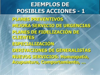 EJEMPLOS DE
    POSIBLES ACCIONES - 1
 PLANES PREVENTIVOS
 MEJORA SERVICIO DE URGENCIAS
 PLANES DE FIDELIZACIÓN DE
  CLIENTES
 ESPECIALIZACIÓN
 DERIVACIONES DE GENERALISTAS
 NUEVOS SERVICIOS: Homeopatía,
  Acupuntura, Comportamiento, …
         VETERSALUD - Madrid 25.10.2007   40
 