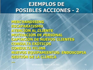EJEMPLOS DE
     POSIBLES ACCIONES - 2

   MERCHANDISING
   ESCAPARATISMO
   ATENCIÓN AL CLIENTE
   MOTIVACIÓN DE PERSONAL
   CAPTACIÓN DE NUEVOS CLIENTES
   CONSULTA EXÓTICOS
   CONSULTA FELINA
   NUEVOS EQUIPAMIENTOS: ENDOSCOPIA
   GESTIÓN DE LA CLÍNICA
   …
            VETERSALUD - Madrid 25.10.2007   41
 
