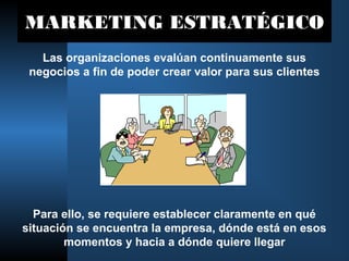MARKETING ESTRATÉGICO
   Las organizaciones evalúan continuamente sus
 negocios a fin de poder crear valor para sus clientes




  Para ello, se requiere establecer claramente en qué
situación se encuentra la empresa, dónde está en esos
        momentos y hacia a dónde quiere llegar
 